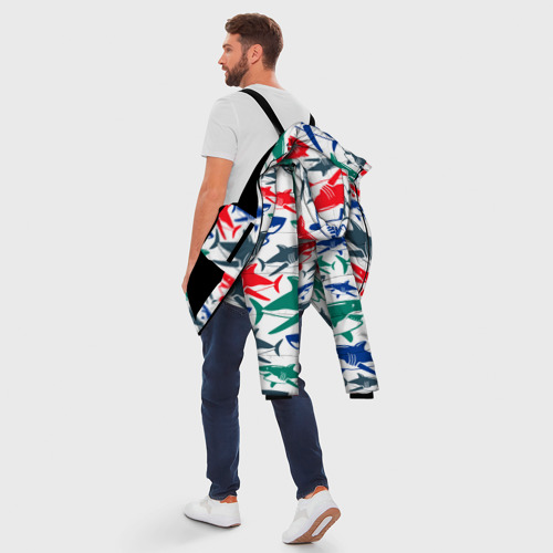 Мужская зимняя куртка 3D с принтом Стая разноцветных акул - паттерн, вид сзади #2