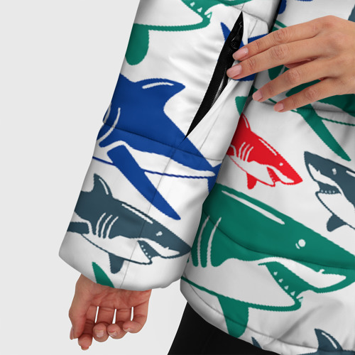 Женская зимняя куртка 3D с принтом Стая разноцветных акул - паттерн, фото #4
