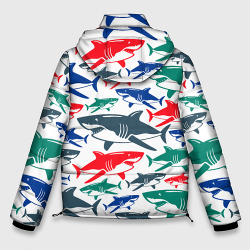 Мужская зимняя куртка 3D с принтом Стая разноцветных акул - паттерн, вид сзади #1