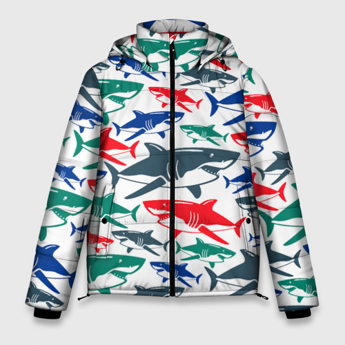 Мужская зимняя куртка 3D с принтом Стая разноцветных акул - паттерн, вид спереди #2