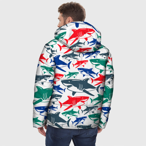 Мужская зимняя куртка 3D с принтом Стая разноцветных акул - паттерн, вид сзади #2