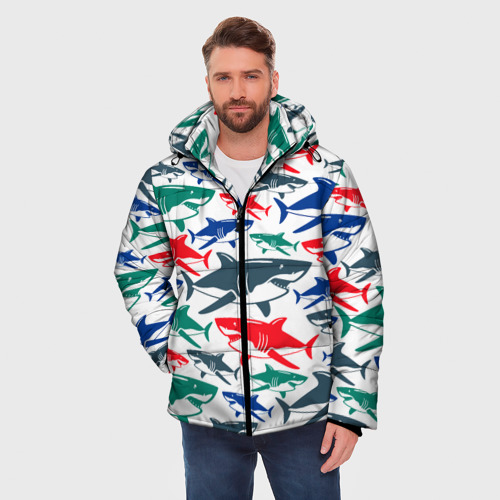 Мужская зимняя куртка 3D с принтом Стая разноцветных акул - паттерн, фото на моделе #1