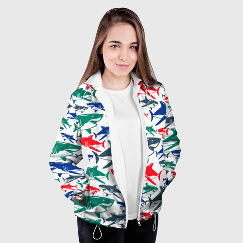 Женская куртка 3D Стая разноцветных акул - паттерн, цвет белый - фото 4