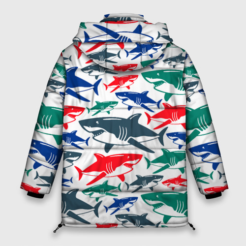 Женская зимняя куртка 3D с принтом Стая разноцветных акул - паттерн, вид сзади #1