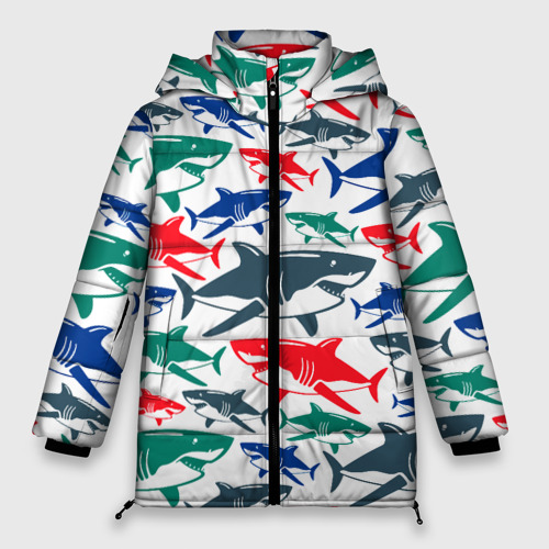 Женская зимняя куртка 3D с принтом Стая разноцветных акул - паттерн, вид спереди #2