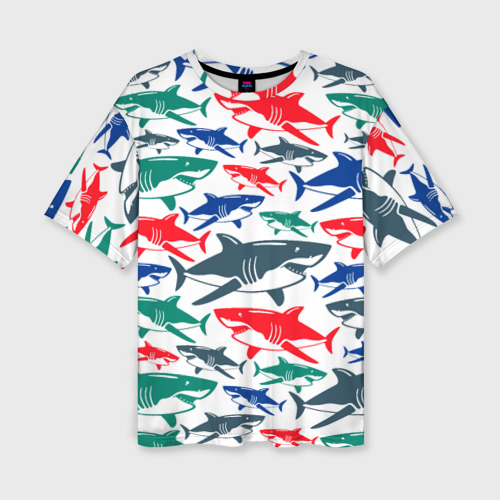 Женская футболка oversize 3D Стая разноцветных акул - паттерн, цвет 3D печать