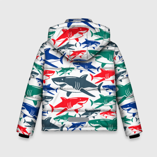 Зимняя куртка для мальчиков 3D с принтом Стая разноцветных акул - паттерн, вид сзади #1