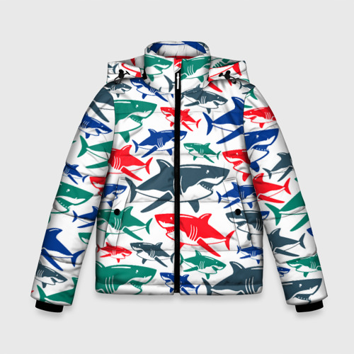 Зимняя куртка для мальчиков 3D с принтом Стая разноцветных акул - паттерн, вид спереди #2
