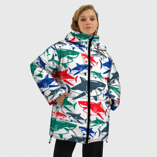 Женская зимняя куртка 3D с принтом Стая разноцветных акул - паттерн, фото на моделе #1