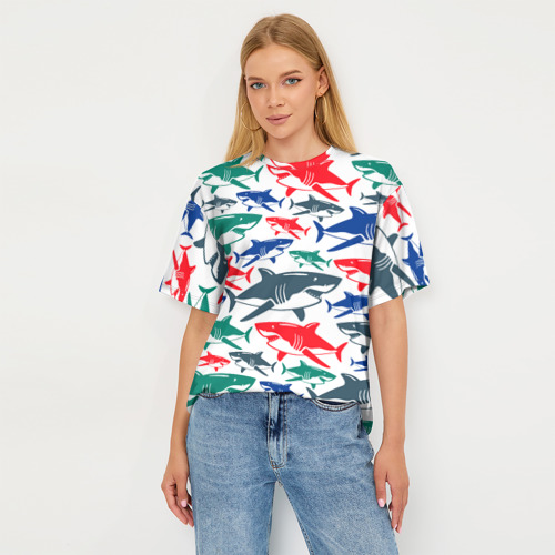 Женская футболка oversize 3D Стая разноцветных акул - паттерн, цвет 3D печать - фото 5