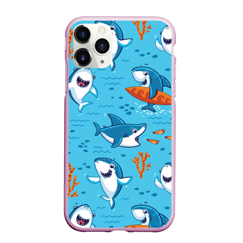 Чехол для iPhone 11 Pro матовый с принтом Прикольные акулята - паттерн, вид спереди #2