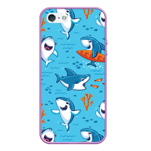 Чехол для iPhone 5/5S матовый Прикольные акулята - паттерн, цвет сиреневый