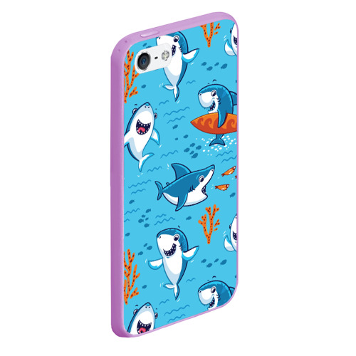 Чехол для iPhone 5/5S матовый Прикольные акулята - паттерн, цвет сиреневый - фото 3