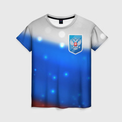 Женская футболка 3D Герб России на фоне  флага