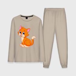 Мужская пижама с лонгсливом хлопок Оранжевый котик сидит и смотрит