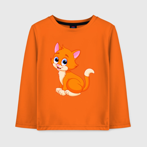 Детский лонгслив хлопок с принтом Оранжевый котик сидит и смотрит, вид спереди #2