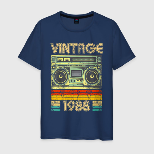 Мужская футболка из хлопка с принтом Винтаж 1988 аудиомагнитофон, вид спереди №1