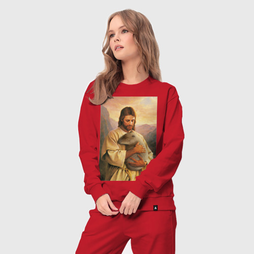 Женский костюм хлопок Иисус и капибара, цвет красный - фото 5