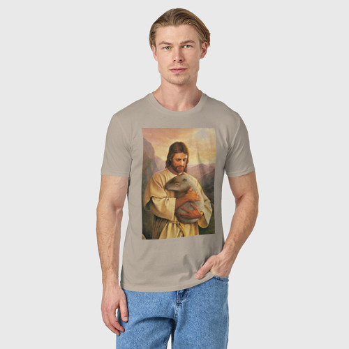 Мужская футболка хлопок с принтом Иисус и капибара, фото на моделе #1