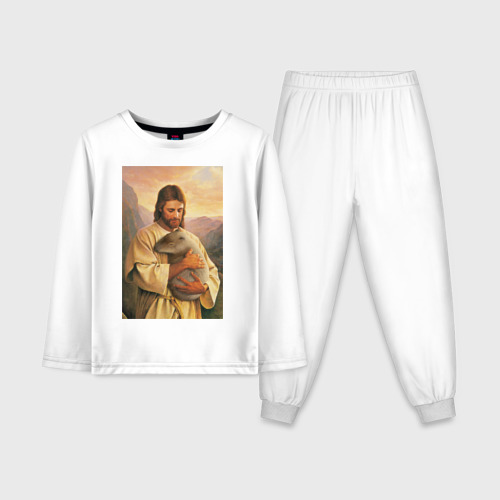 Детская пижама с лонгсливом из хлопка с принтом Иисус и капибара, вид спереди №1