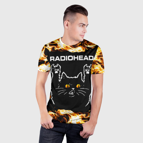 Мужская футболка 3D Slim Radiohead рок кот и огонь, цвет 3D печать - фото 3