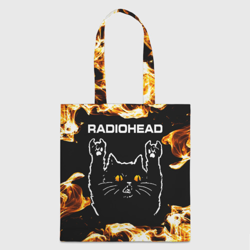 Шоппер 3D с принтом Radiohead рок кот и огонь, вид спереди #2