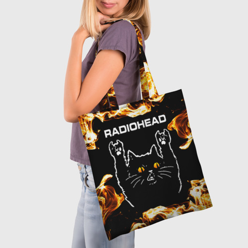 Шоппер 3D с принтом Radiohead рок кот и огонь, фото на моделе #1