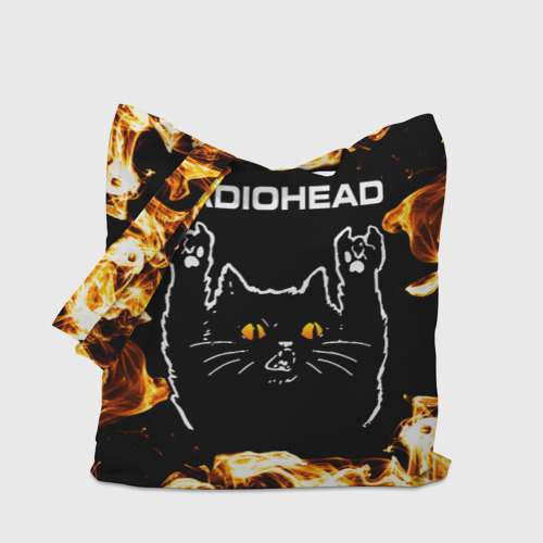 Шоппер 3D с принтом Radiohead рок кот и огонь, вид сбоку #3