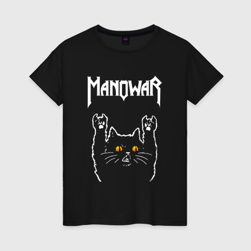 Женская футболка хлопок с принтом Manowar rock cat, вид спереди #2
