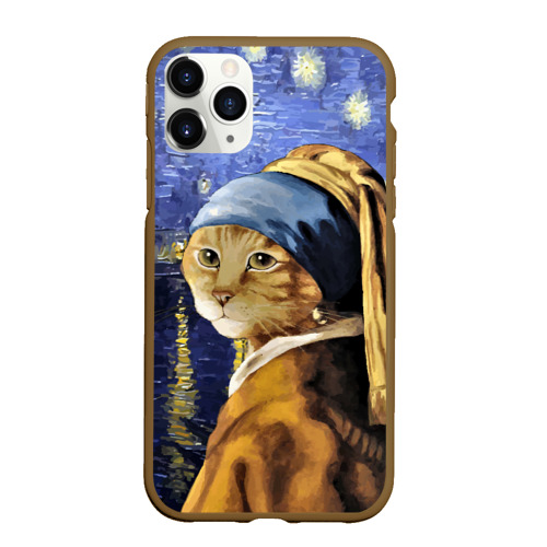 Чехол для iPhone 11 Pro Max матовый Прикол с котом: пародия картина, цвет коричневый