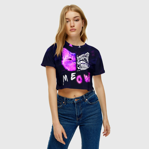 Женская футболка Crop-top 3D Stray - светящийся Киберпанк кот, цвет 3D печать - фото 4