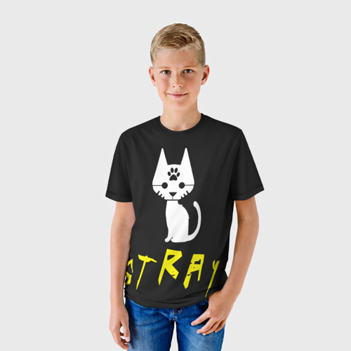Детская футболка 3D с принтом Stray - киберпанк кот в минимализме, фото на моделе #1