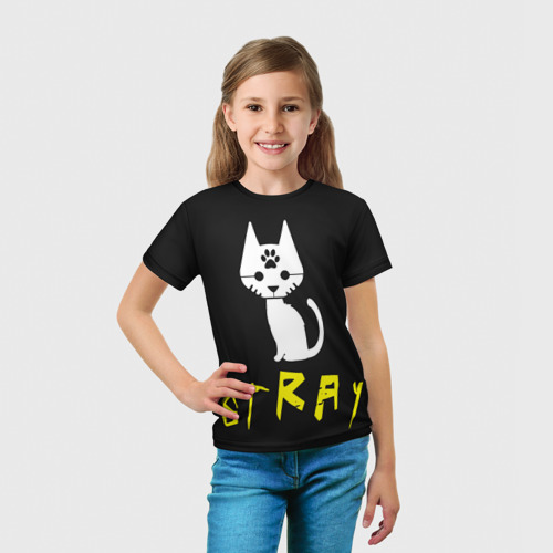 Детская футболка 3D с принтом Stray - киберпанк кот в минимализме, вид сбоку #3