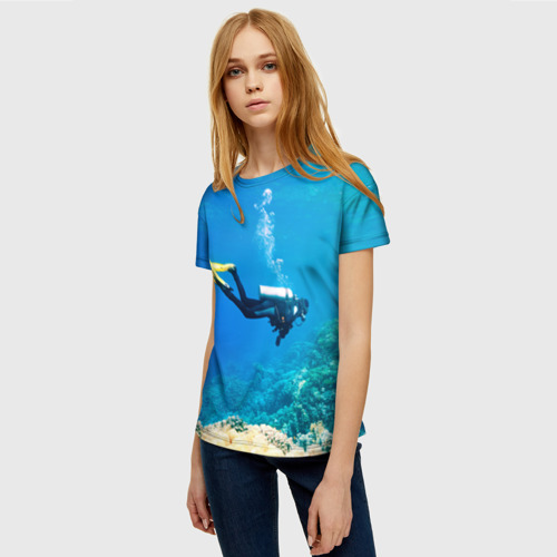 Женская футболка 3D Аквалангист исследует коралловый риф, цвет 3D печать - фото 3