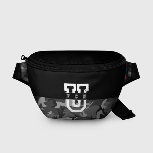 Поясная сумка 3D с принтом FCK gray military, вид спереди #2