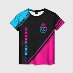Женская футболка 3D Real Madrid - neon gradient: символ и надпись вертикально