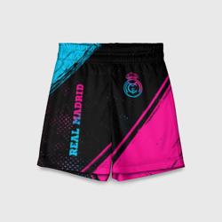 Детские спортивные шорты 3D Real Madrid - neon gradient: символ и надпись вертикально