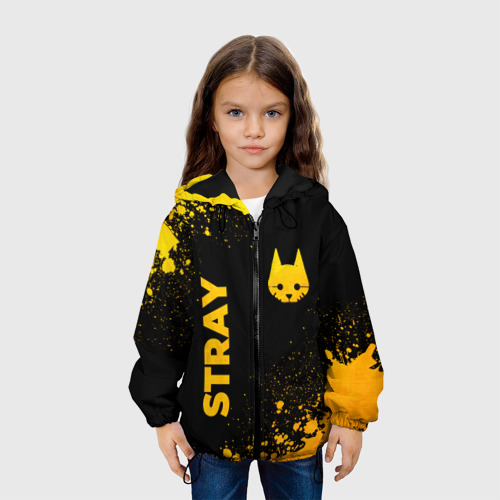 Детская куртка 3D с принтом Stray - gold gradient: символ и надпись вертикально, вид сбоку #3