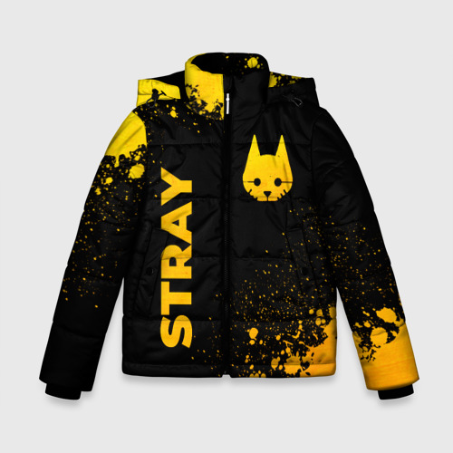 Зимняя куртка для мальчиков 3D с принтом Stray - gold gradient: символ и надпись вертикально, вид спереди #2