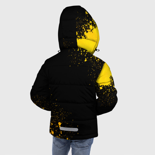 Зимняя куртка для мальчиков 3D с принтом Stray - gold gradient: символ и надпись вертикально, вид сзади #2