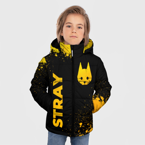 Зимняя куртка для мальчиков 3D с принтом Stray - gold gradient: символ и надпись вертикально, фото на моделе #1