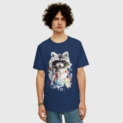 Мужская футболка хлопок Oversize Мордочка енота - акварель, цвет темно-синий - фото 3