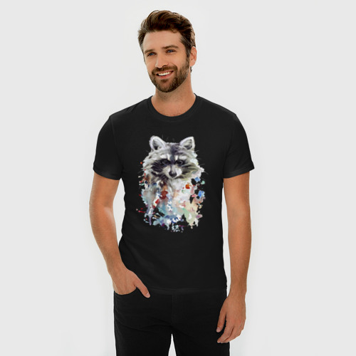 Мужская футболка хлопок Slim Мордочка енота - акварель, цвет черный - фото 3