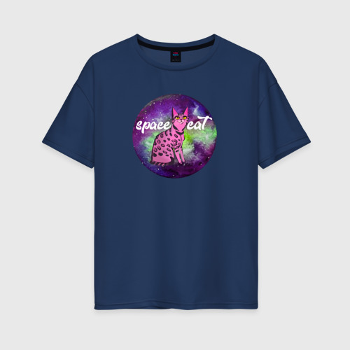 Женская футболка хлопок Oversize Космический бенгальский кот, цвет темно-синий