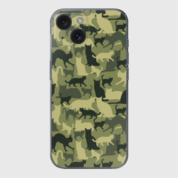 Чехол для iPhone 15 силиконовый с защитой камеры Кошачий камуфляж в зеленой гамме