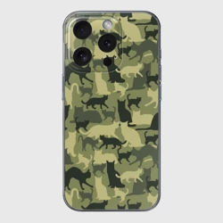 Чехол для iPhone 15 Pro Max силиконовый с защитой камеры Кошачий камуфляж в зеленой гамме