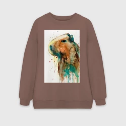 Женский свитшот oversize без начеса хлопок Капибара акварельная живопись
