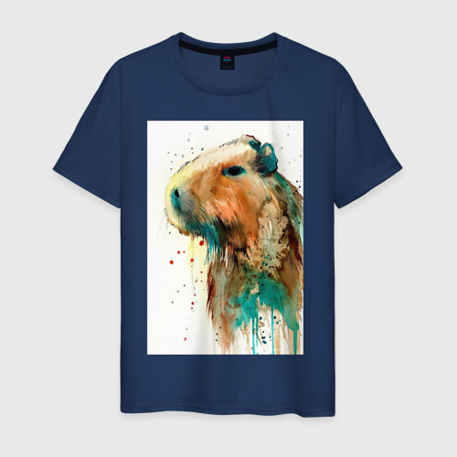 Мужская футболка хлопок Капибара акварельная живопись, цвет темно-синий