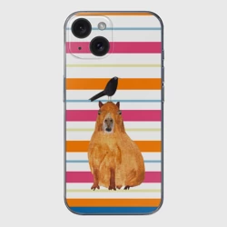 Чехол для iPhone 15 силиконовый с защитой камеры Капибара с птичкой