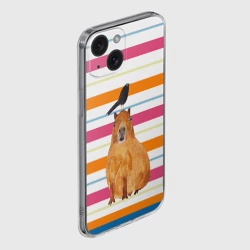 Чехол для iPhone 15 силиконовый с защитой камеры Капибара с птичкой - фото 2